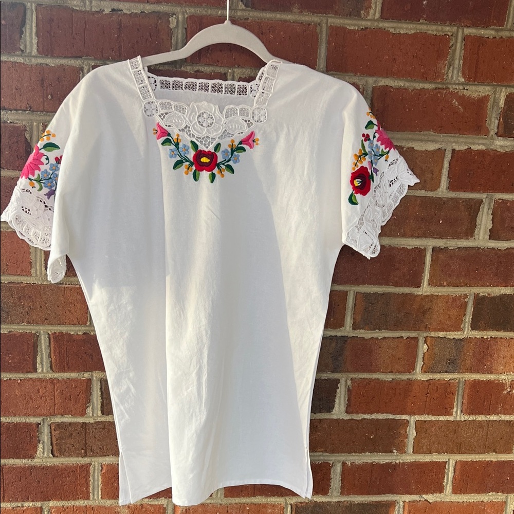 Embroidered White Lace Trim Top